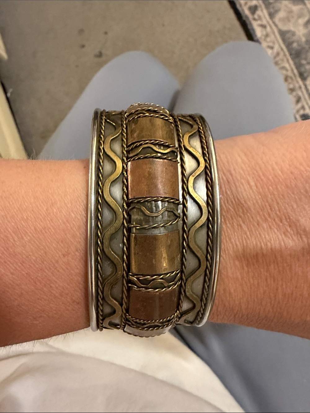 Vintage Style Metal Cuff Bracelet in Antique Brass and Silver Tones